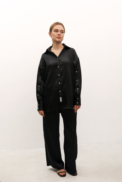 Атласні штани вільного крою з кишенями