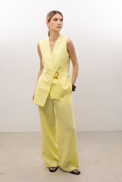 Штани палаццо льняні у пастельно-жовтому кольорі