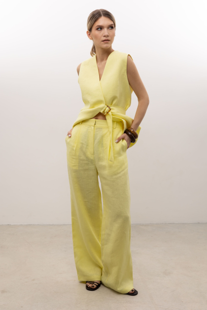 Штани палаццо льняні у пастельно-жовтому кольорі